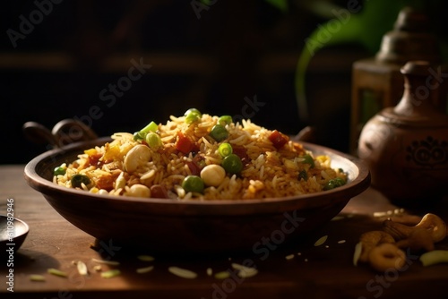 Macro view photography of a tempting fried rice on a rustic plate against an antique mirror background. With generative AI technology