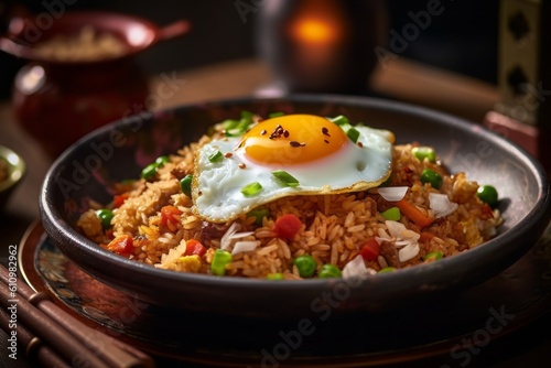 Macro view photography of a tempting fried rice on a rustic plate against an antique mirror background. With generative AI technology