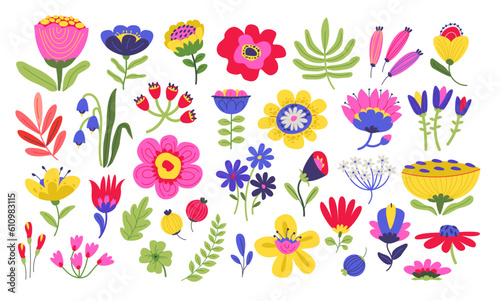 Naive Abstract plants and flowers collection. Hand-drawn colorful flowers. Flat vector illustration in the style of a doodle.