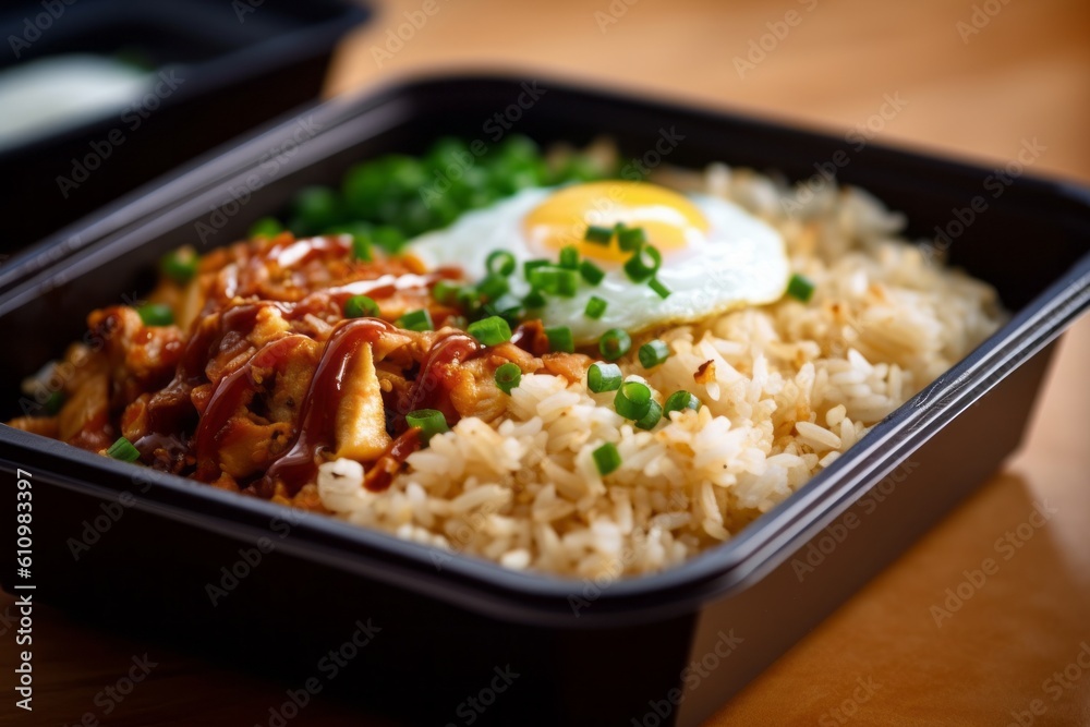 Natural light close-up photography of a refined  fried rice in a bento box against a ceramic mosaic background. With generative AI technology