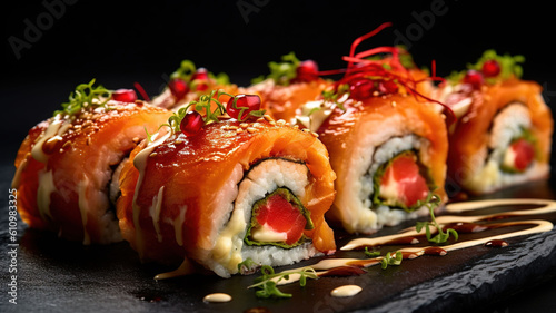 Delicious salmon roll gourmet sushi food photography, Generative AI