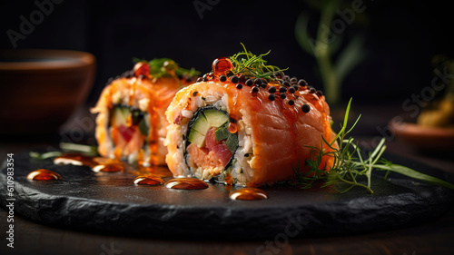 Salmon sushi roll on a black plate gourmet cuisine food photography, Generative AI