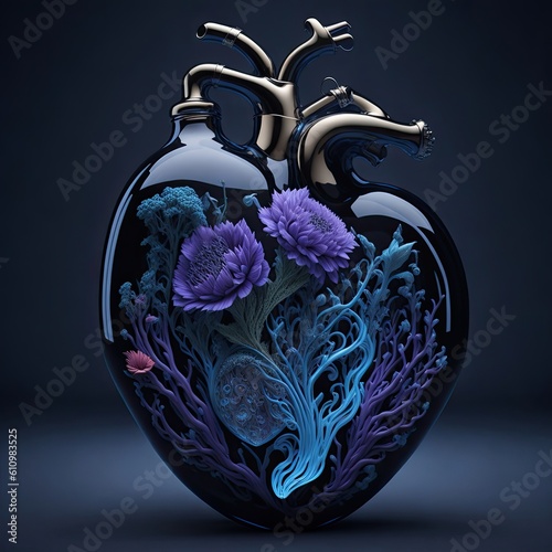 beautiful glass anatomical heart, technology, flowers, generative AI