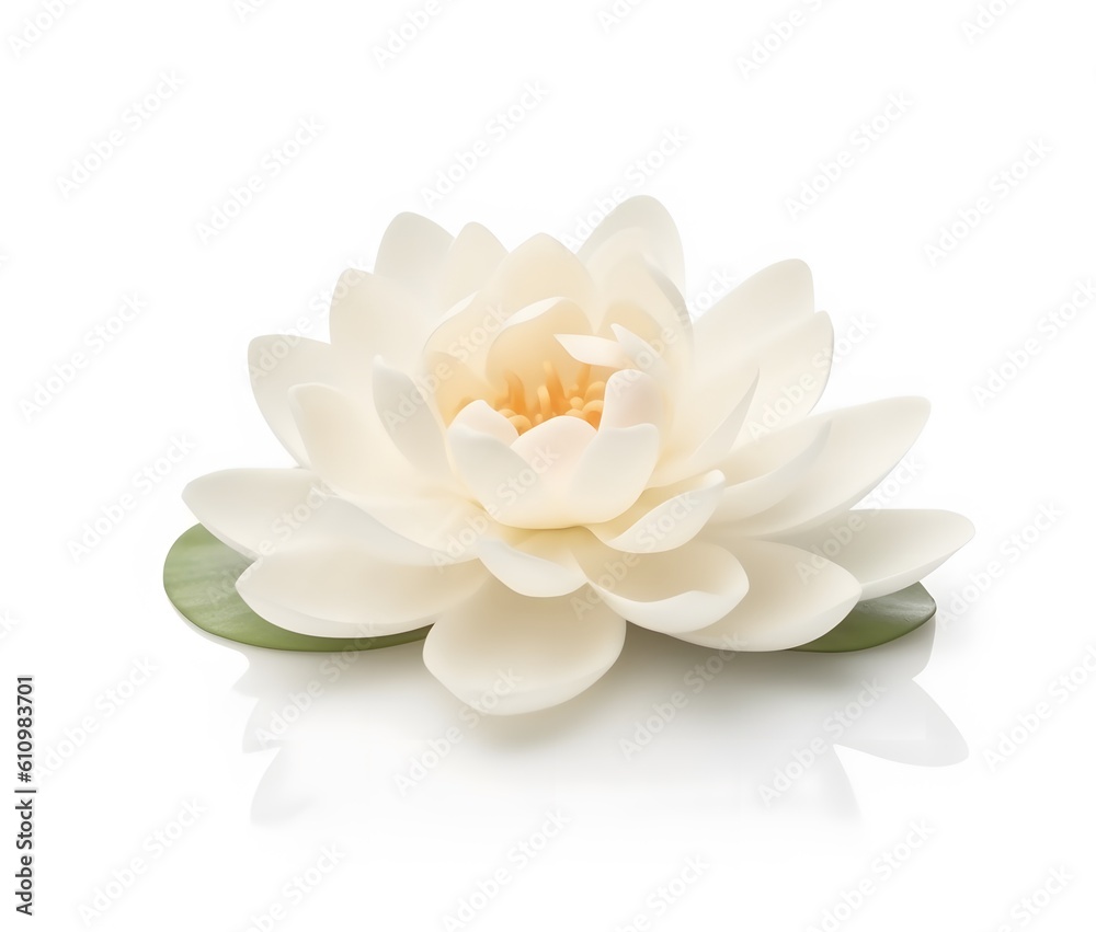 Water lily with elegant white petals floating on a white background. Generative AI