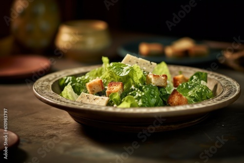 Conceptual close-up photography of a refined caesar salad on a rustic plate against a ceramic mosaic background. With generative AI technology