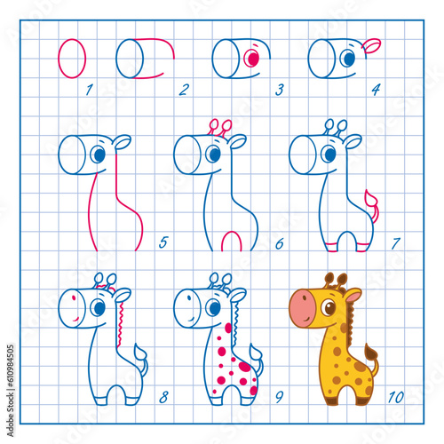 How to Draw Giraffe, Step by Step Lesson for Kids cartoon vector illustration