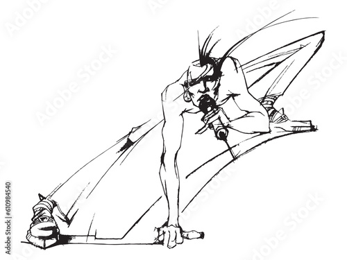 Music. Line drawing of a singer with a microphone. Concert. Performance on stage