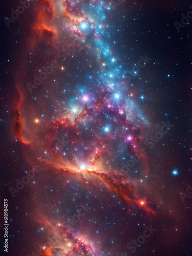 An awe-inspiring celestial spectacle of a nebula with vibrant colors and swirling patterns, dotted with sparkling stars, a distant galaxy visible in the background. Generative AI