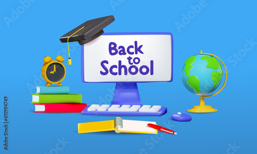 Banner to school with computer, book, notepad, clock and globe. Vector illustration in 3d style isolated background