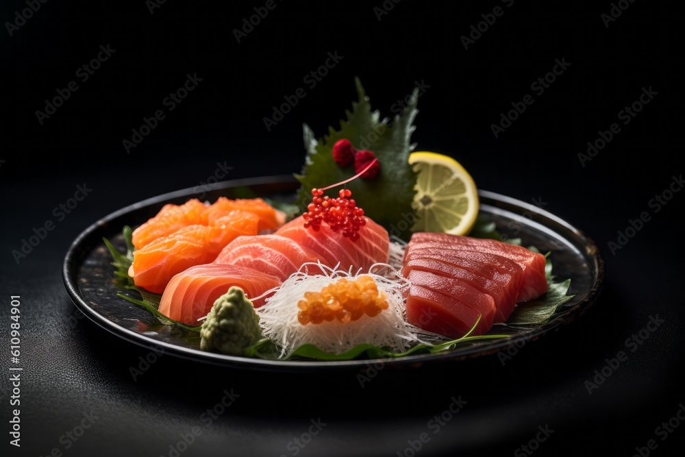 Macro view photography of a refined sashimi on a metal tray against a dark background. With generative AI technology Macro view photography of a refined sashimi on a metal tray against a dark background. With generative AI technology