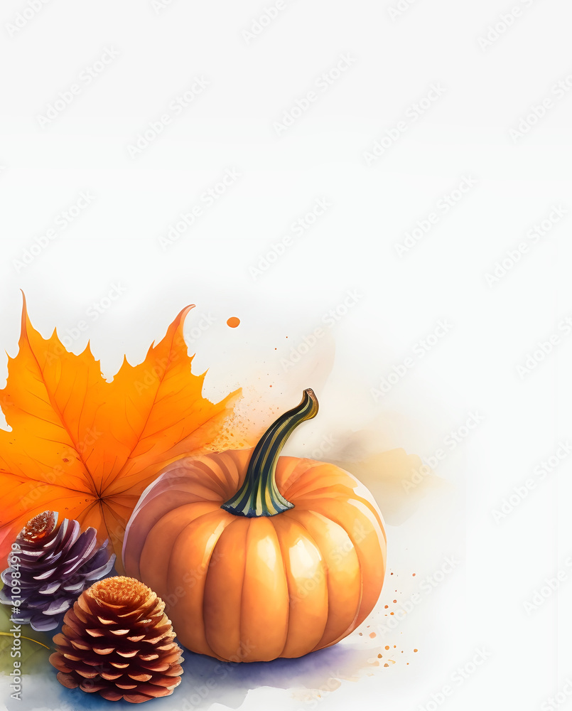 Pumpkin with colorful autumn leaves and pinecones stationery template. Thanksgiving, fall graphics with copy space. Digital watercolor, Generative AI.