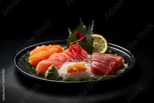 Macro view photography of a refined sashimi on a metal tray against a dark background. With generative AI technology