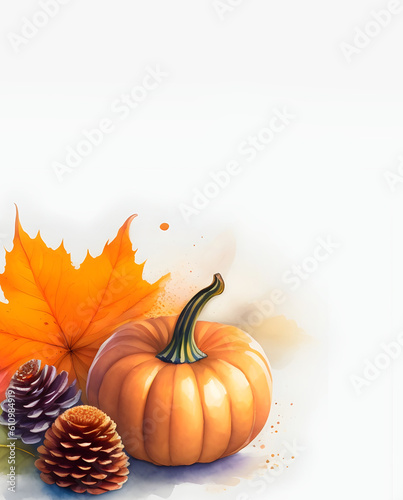 Pumpkin with colorful autumn leaves and pinecones stationery template. Thanksgiving  fall graphics with copy space. Digital watercolor  Generative AI.