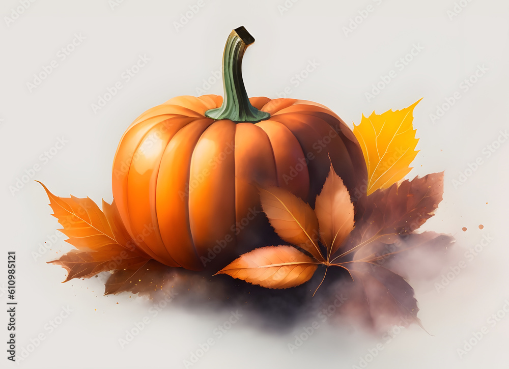 Pumpkin with colorful autumn leaves and pinecone wall art print. Thanksgiving, fall banner graphic element. Digital watercolor art by Generative AI. Pumpkin with colorful autumn leaves and pinecone wall art print. Thanksgiving, fall banner graphic element. Digital watercolor art by Generative AI.