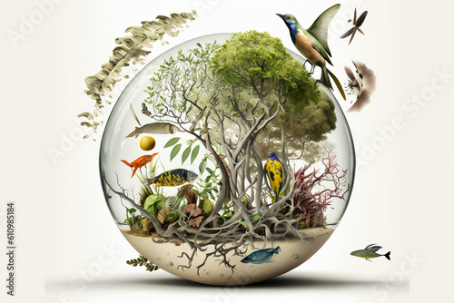 creative collage of biodiversity in the shape of a sphere, ecosystem, protection of nature and aquatic environment. Generated AI photo