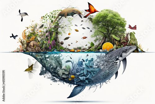 creative collage of biodiversity in the form of an animal, ecosystem and protection of nature and aquatic environment. Generated AI photo