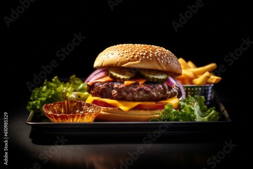Detailed close-up photography of a tempting burguer on a metal tray against a dark background. With generative AI technology