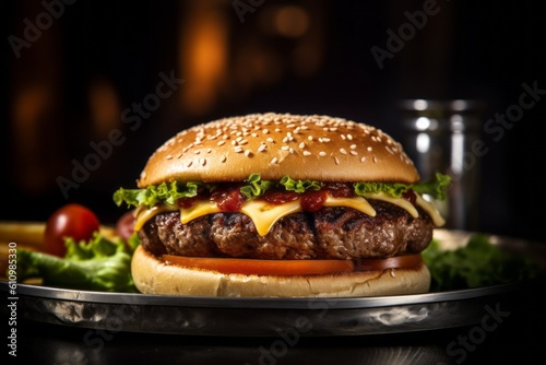 Highly detailed close-up photography of a tempting burguer on a metal tray against a dark background. With generative AI technology