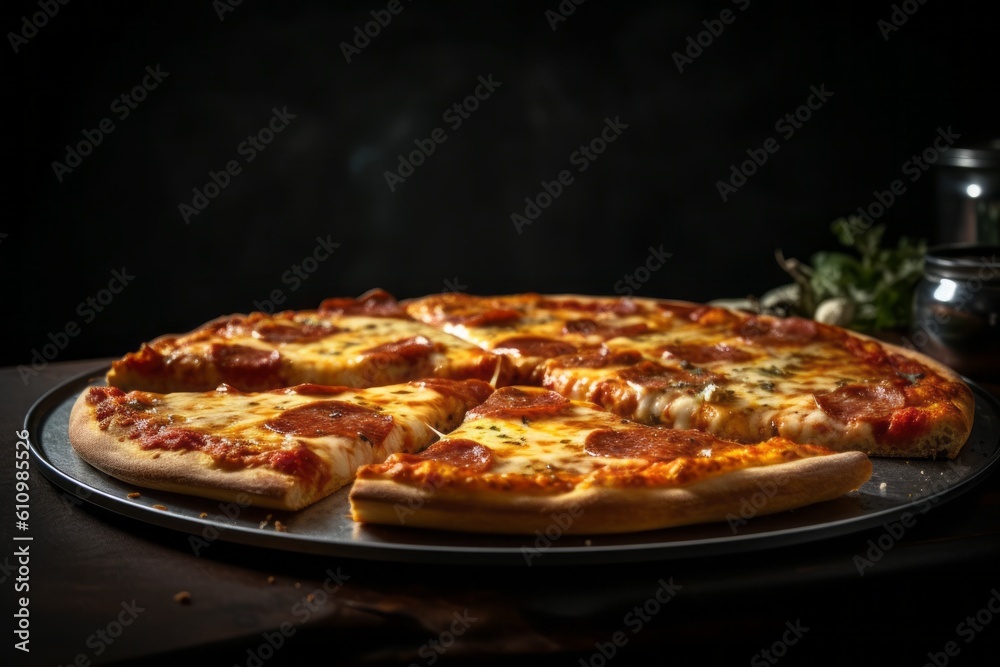 Close-up view photography of a tempting pizza on a metal tray against a dark background. With generative AI technology