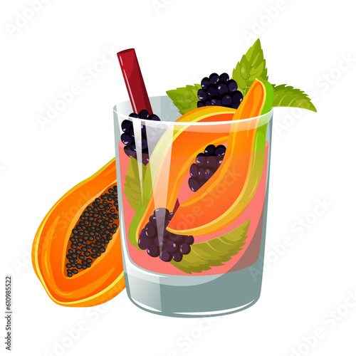 Cocktail with papaya.A glass of fresh drink with papaya, mint and blackberries.Summer refreshing cocktail.Vector illustration.