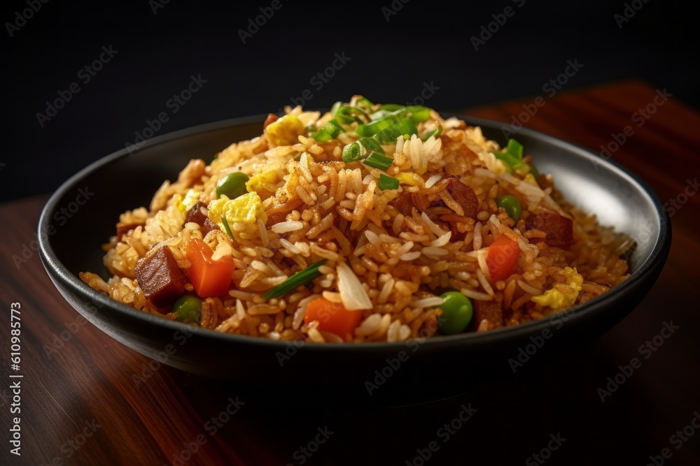 Macro view photography of a delicious fried rice on a plastic tray against a dark background. With generative AI technology