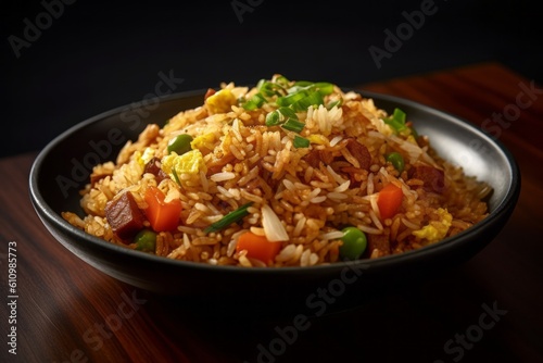 Macro view photography of a delicious fried rice on a plastic tray against a dark background. With generative AI technology