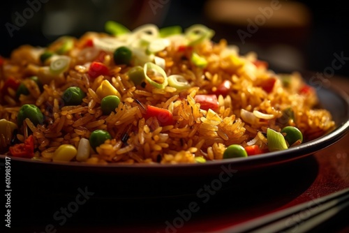 Macro detail close-up photography of a tempting fried rice on a plastic tray against a dark background. With generative AI technology