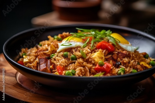 Close-up view photography of a tempting fried rice on a ceramic tile against a dark background. With generative AI technology