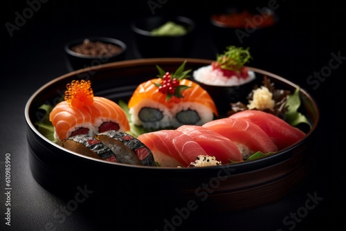 Close-up view photography of a tempting sushi in a clay dish against a dark background. With generative AI technology