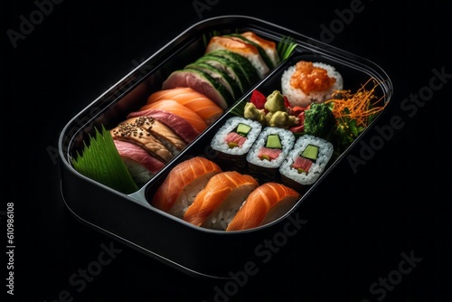 Natural light close-up photography of an hearty sushi in a bento box against a dark background. With generative AI technology