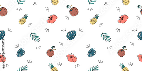 Tropical holiday vector seamless pattern with summer elements. Can be used for decoration of albums, blog, web sites, postcard, poster. Elements - leaves, tropical, hibiscus, coconut, ananas