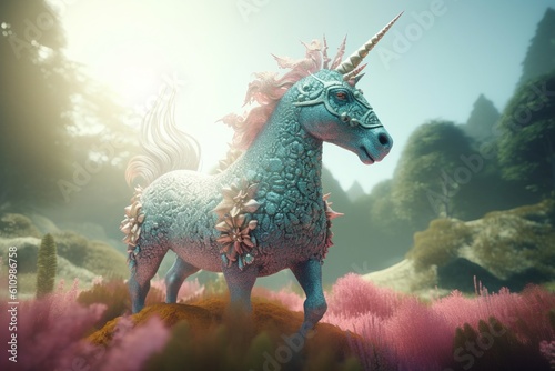 A whimsical illustration of a magical creature or character, such as a unicorn or fairy, in a fantastical landscape, Generative AI © Nino34