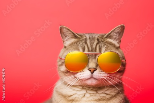 Closeup portrait of funny cat wearing sunglasses on isolated background for International cat day. Generative Ai © Patrick