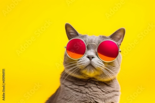 Closeup portrait of funny cat wearing sunglasses on isolated background for International cat day. Generative Ai © Patrick