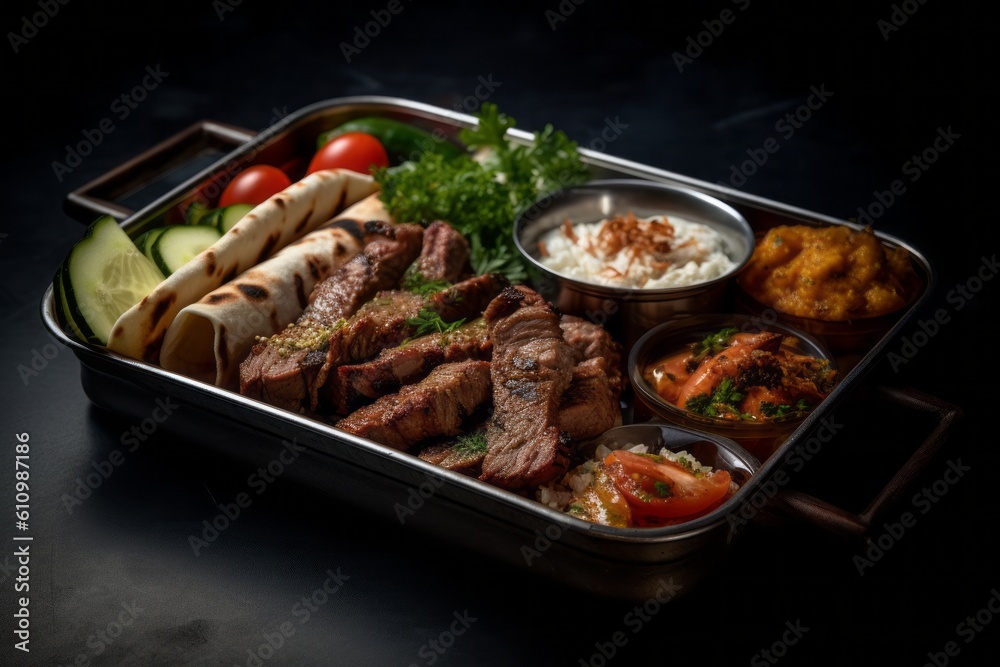 Rustic ambiance close-up photography of an exquisite kebab in a bento box against a dark background. With generative AI technology