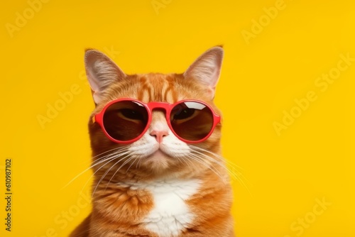 Closeup portrait of funny cat wearing sunglasses on isolated background for International cat day. Generative Ai