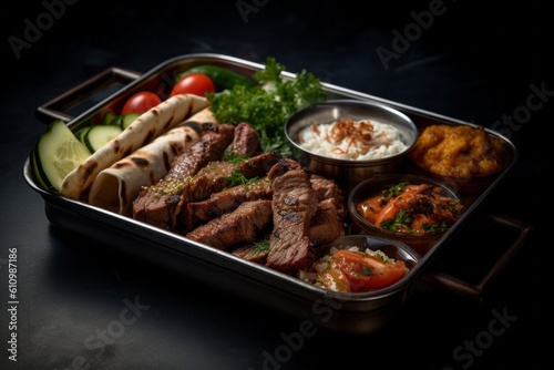 Rustic ambiance close-up photography of an exquisite kebab in a bento box against a dark background. With generative AI technology