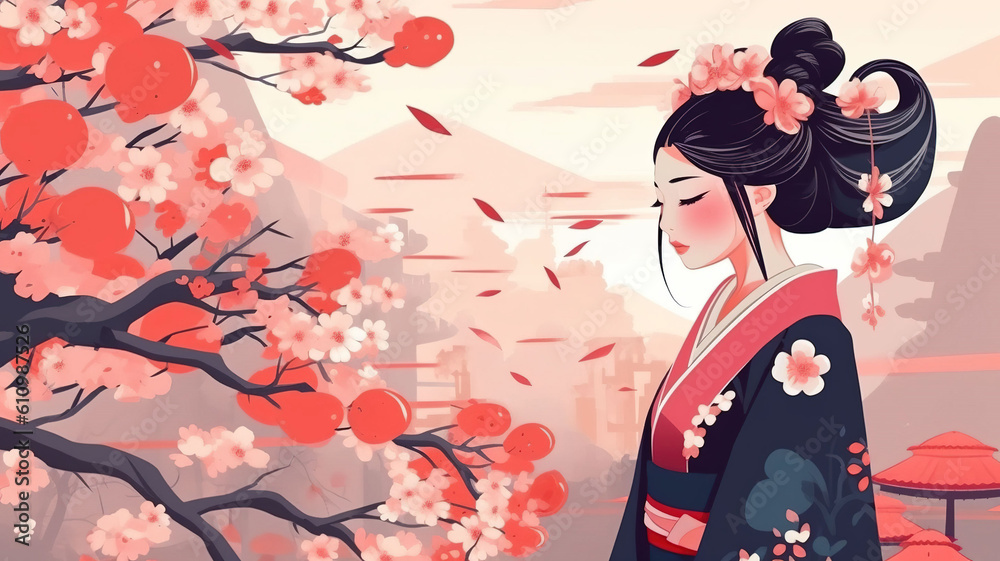 Fototapeta premium Japanese woman cherry blossom landscape background illustration, Generative AI