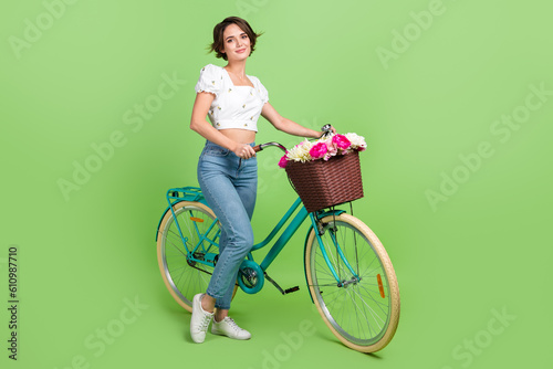 Fototapeta Naklejka Na Ścianę i Meble -  Full body photo of stunning lovely lady fresh flowers basket bicycle enjoy springtime isolated on green color background