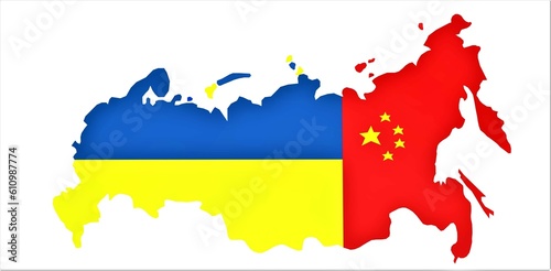 The map of the Russian Federation some time later after the war. The territory divided between Ukraine and China. Suitable illustration for political publications. 3d rendering.