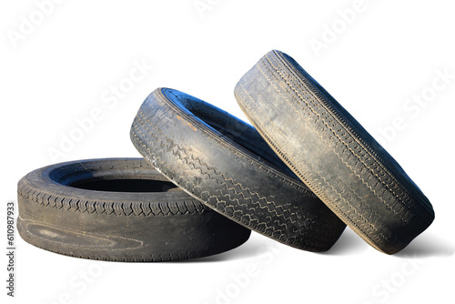 old worn damaged tires isolated on white background as pattern of damaged tires for advertising tire shop or car tire shop