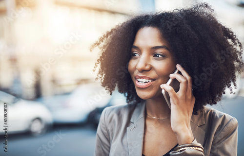 Business woman, phone call and city for conversation, communication or networking outdoors. Female employee talking on mobile smartphone with smile for discussion in the street of an urban town