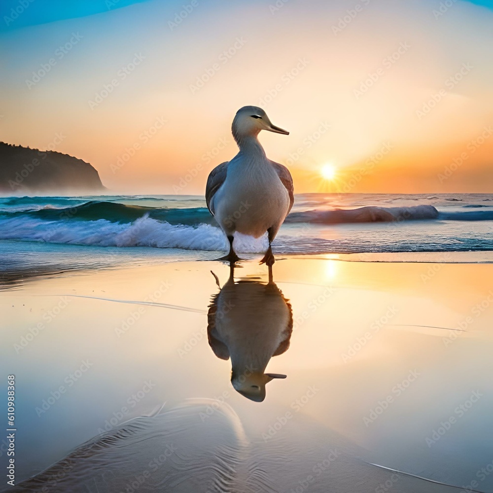 A duck on a beach. 