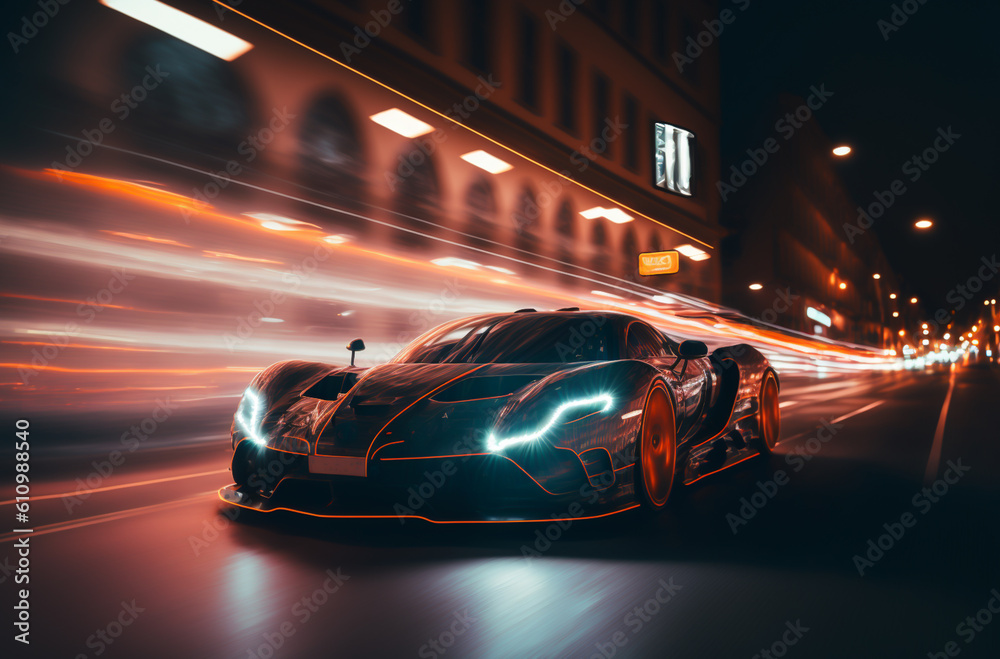 high speed car with neon colors in a night city. Post-processed generative AI