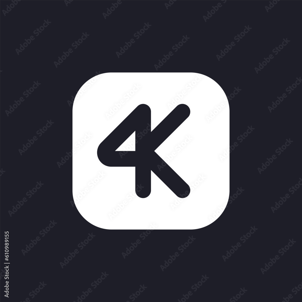 4K resolution white pixel perfect solid ui icon. High quality. Video format. Editing software. Silhouette symbol for dark mode. Glyph pictogram on black space for web, mobile. Vector isolated image 4K resolution white pixel perfect solid ui icon. High quality. Video format. Editing software. Silhouette symbol for dark mode. Glyph pictogram on black space for web, mobile. Vector isolated image