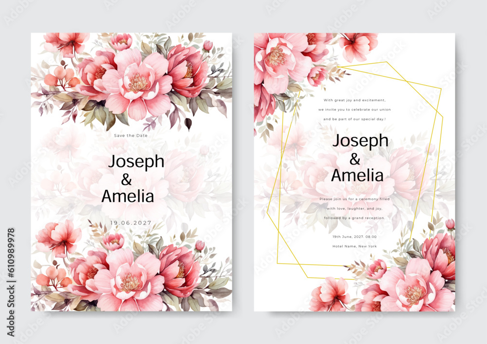 Wedding invitation card template set with soft pink floral and watercolor background