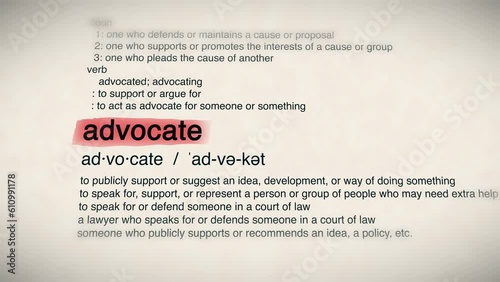 The Word Advocate Red Highlighted in a Dictionary Animation