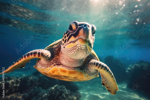 Animals. Sea turtle swimming underwater. Sea creatures. Generative AI.