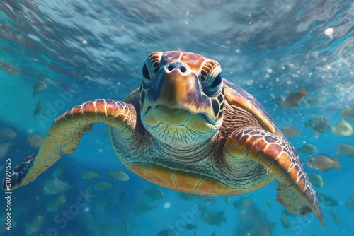 Animals. Sea turtle swimming underwater. Sea creatures. Generative AI. © tong2530