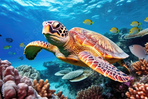 Animals. Sea turtle swimming underwater. Sea creatures. Generative AI. © tong2530